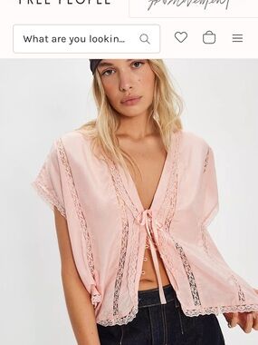 Free People Black  Lace-Trim Tie-Front Top